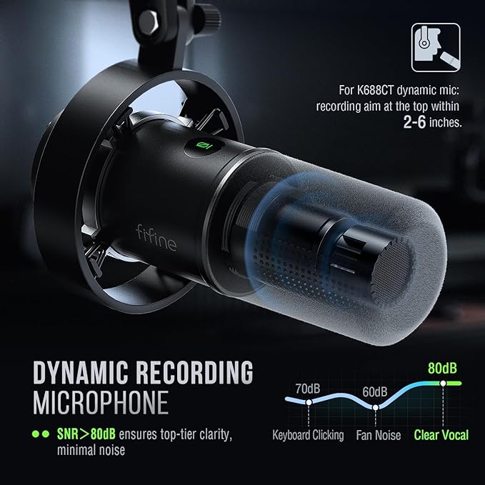 FIFINE K688 Podcast Microphone Kit, USB/XLR Dynamic Microphone with Boom Arm for PC/XLR Mixer, Gaming Mic with Mute Button, Headphone Jack for Vocal, Voice-Over, Streaming, Music Recording -K688CT