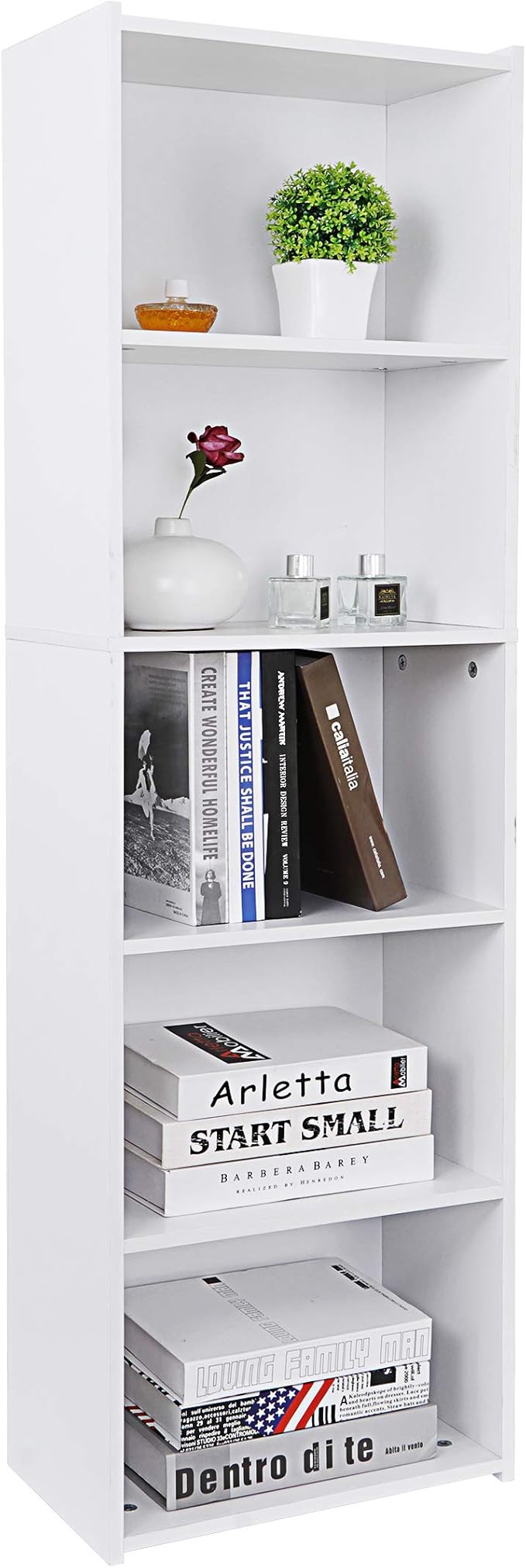 5 Tier Open Bookshelf, 52 Inch Bookcase Storage Rack for CDs Movies Book, Freestanding Wood Open Bookshelf for Living Room Bedroom Study Office, White