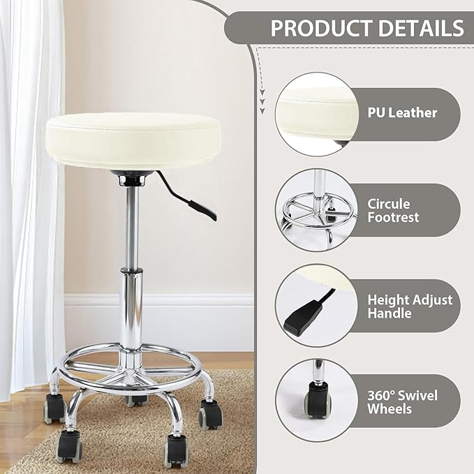 Adjustable Rolling Stool with Wheels Heavy Duty 500lb Round RollingStool with Footrest, Patent Leather Drafting Stool Chair with Wheels Work Spa Salon Seat,White