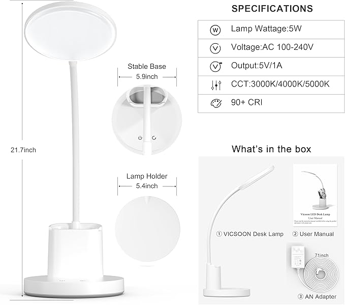 Desk Lamp, LED Desk Lamps for Home Office, Touch Table Lamp with 3 Color Modes 360° Adjustable Arm, Dimmable Desk Light with Pen Phone Holder for College Dorm, White