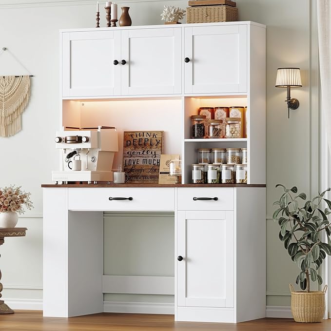 Keyluv 71" Tall Computer Desk with Hutch Cabinet, Home Office Desk with Storage Drawers Shelves and Side Rack, Wood Executive Desk with Doors, Outlet Station and Smart LED Lights, White