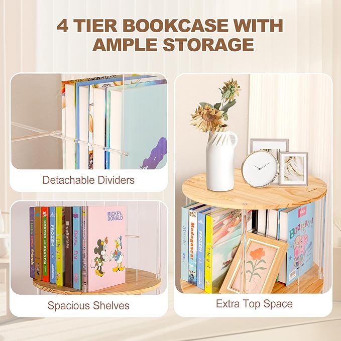 TAKEKIT 360° Rotating Bookshelf, 4-Tier Spinning Book Shelf Tower with Solid Wood & Clear Acrylic, Round Revolving Bookcase for Living Room, Bedroom and Office
