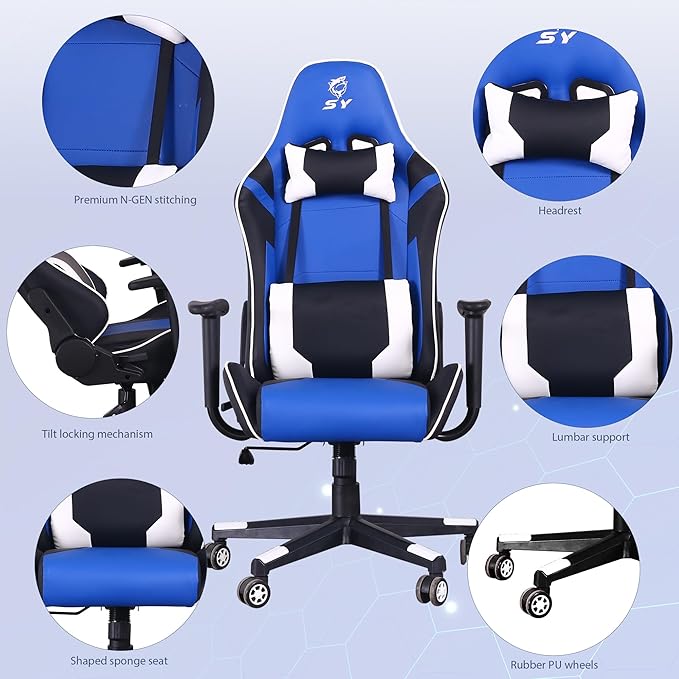 Gaming Chair,Video Game Chair with Massage Lumbar Support, Ergonomic Computer Chair Height Adjustable with Swivel Seat and Headrest