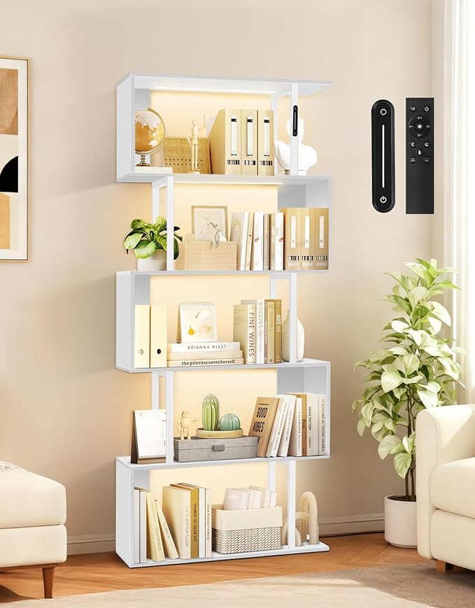 6 Tier S-Shaped Geometric Bookcase with LED Light, Touch & Remote Control, Wide Tall Freestanding Display Shelf, Industrial Storage Cabinet for Living Room, Bedroom, Office(White)