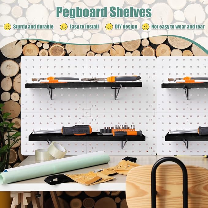 Qunclay 8 Pack Pegboard Shelf Set Wooden Shelves with Metal Brackets Hook Wall Pegboard Shelving Heavy Duty Accessories for Crafts Home Office Garage Workbench(Black)
