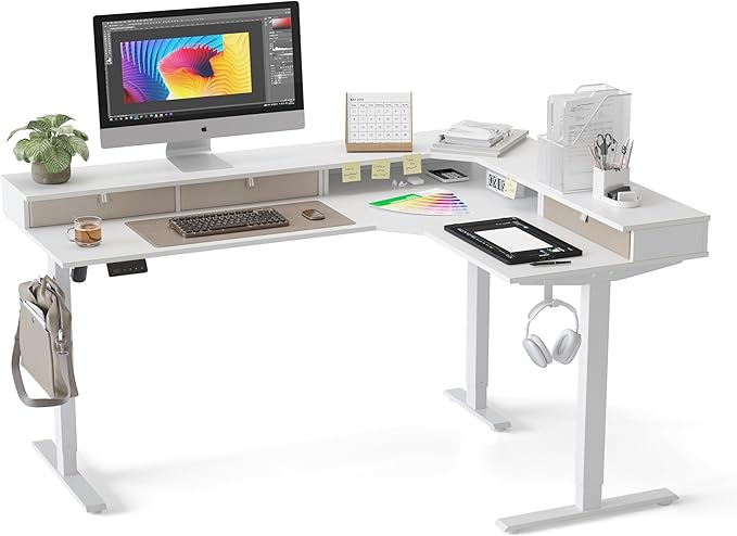 CubiCubi L Shaped Standing Desk with Drawers 63 x 48 Inch Adjustable Height, Electric Corner Desk with Storage, Sit Stand Home Office Desk with Splice Board, White