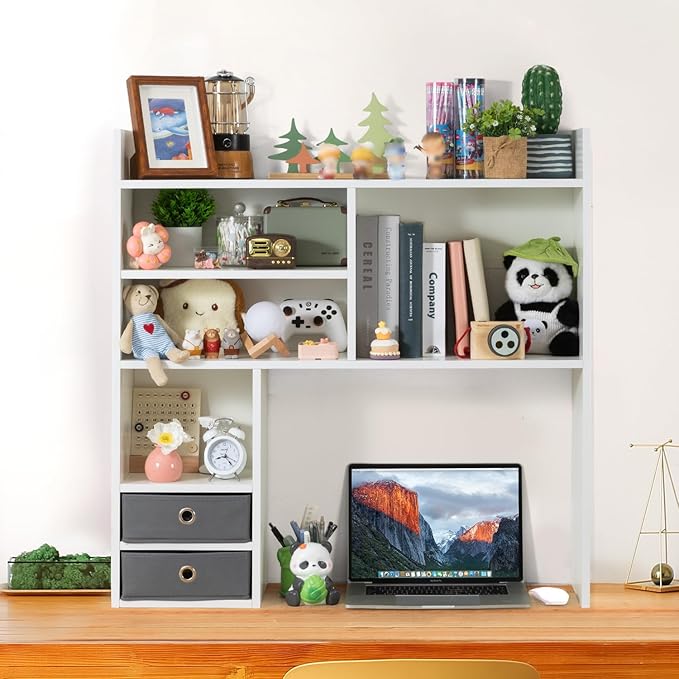 deli Desktop Bookshelf, High-Capacity Desk Hutch Organizer with 7 Shelves and 2 Drawers for Computer Desk, Desk Shelf Organizer for Dorm Office Home, White
