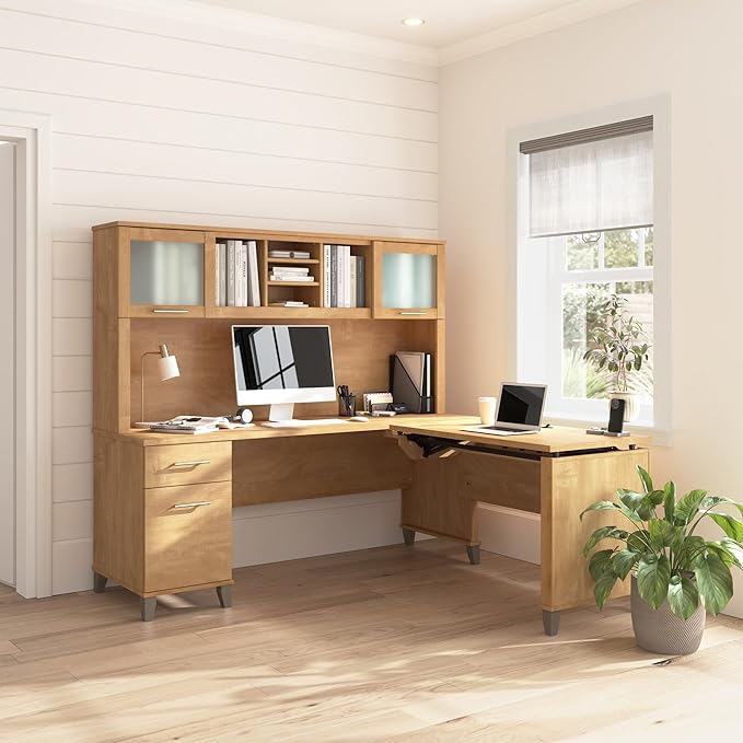 Bush Home Somerset 72W 3 Position Sit to Stand L Shaped Desk with Hutch in Maple Cross | Adjustable Height Table for Office