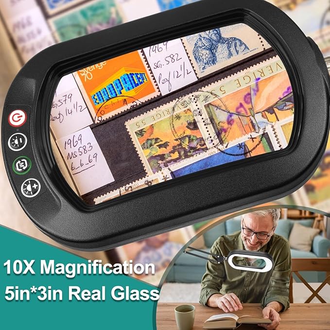 IVMAIE 10X Magnifying Glass with Light, Rectangle Real Glass, 5 Color Modes Stepless Dimmable Magnifier with Stand, LED Lighted Clamp Desk Lamp with Swing Arm, Hands Free for Reading Crafts Close Work