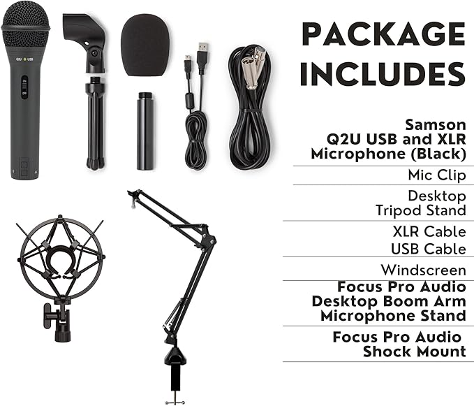 SAMSON Q2U Handheld Dynamic XLR/USB Microphone Bundle with Desktop Boom Arm Stand, Shock Mount, and Pop Filter (4 Items)