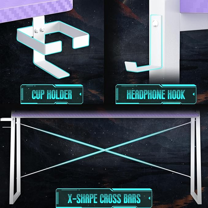 Besiost Gaming Desk with Hutch and LED Lights, Gaming Computer Desk with Power Outlets, Gamer Desk with Storage Shelves, PC Gamings Desk with Pegboards for Bedroom, Carbon Fiber Purple, 49"