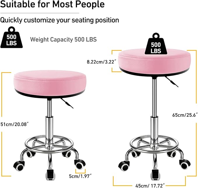 Heavy Duty Round Rolling Stool 500lb, PU Leather 360-degree Support Full-Edge Cover Layer Drafting Chair with Wheels, Height Adjustable Swivel Stool with Footrest, 5-min Easy Assembly (Pink)
