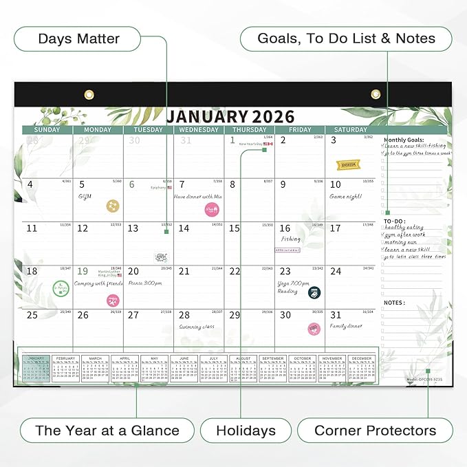 Ospelelf Desk Calendar 2026-2027, Magnetic Fridge Wall Calendar, 18 Month Monthly Large 17" X 12" Calendar Planner with Plastic Cover, January 2026 - June 2027 Green Plant