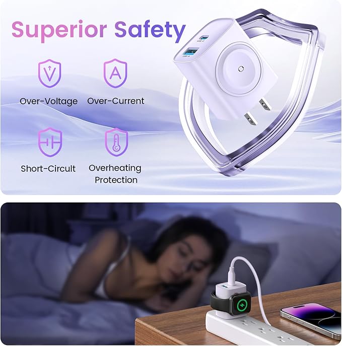 TOPADRE Charger for Apple Watch, USB C Charger Block, 3-in-1 20W Fast Charging, Portable Plug Travel Essential Charge for iWatch Ultra/SE/11/10/ 9/8/ 7/6, iPhone 16/16 Pro/ 15 Series, Purple