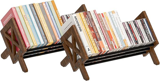 Desktop Bookshelf Organizer, Wood Office Tabletop Book Storage Rack, Tilting Bookcase for Books/CDs/Magazine Display (2 Packs Black)