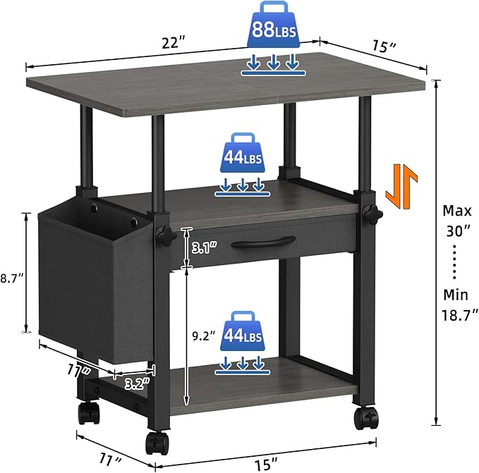 YAOHUOO 22"x15" Large Printer Stand with Drawer and-side Bag, Adjustable 3-Tier Printer Cart for Home Office, Rolling Printer Stand Fit Heat Press/Laser/3D Printer (Grey)