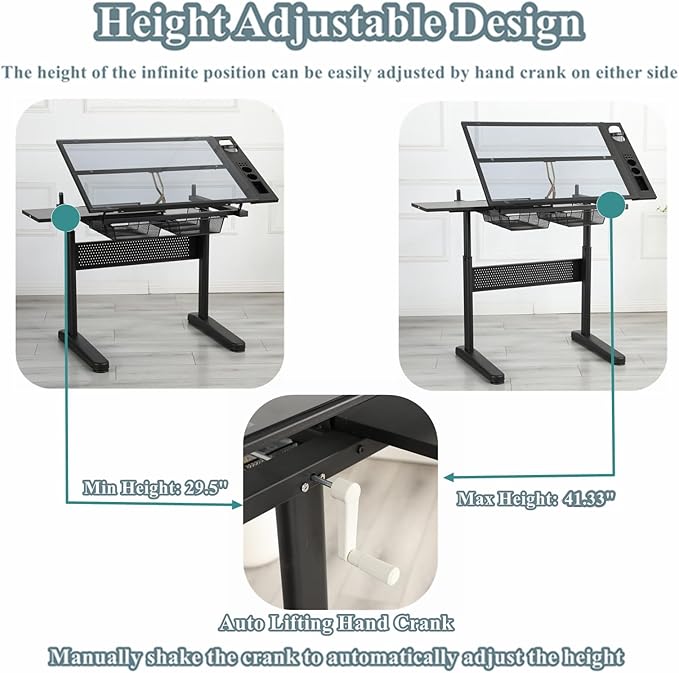 Glass Drafting Table, Height Adjustable Drawing Table with Storage & Stool, 75° Tilting Tops Art Table for Artists, Architects and Designers, Space-Saving & Specialty Options, Type 3-Black