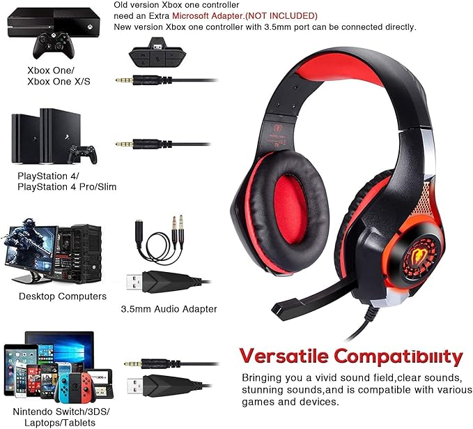 BlueFire Wired Gaming Headset for PS4 PS5 Xbox One PC – Over-Ear Headphones with Surround Sound, Noise Canceling Mic, Soft Memory Foam, LED Light, 3.5mm Jack for Console & Laptop (Red)