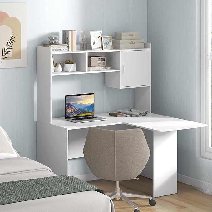 Tangkula L-Shaped Desk with Storage Hutch, Corner Computer Desk with Shelves & Cabinet, Modern Writing Study Table for Home Office, Laptop PC Workstation, White