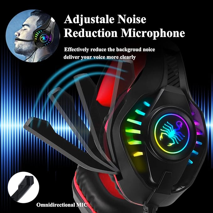 SVYHUOK Pro Gaming Headset for PC PS4 Xbox One Surround Sound Over-Ear Headphones with Mic LED Light Bass Surround Soft Memory Earmuffs for Computer Laptop Switch Games Kid’s Boy’s Teen’s Gifts