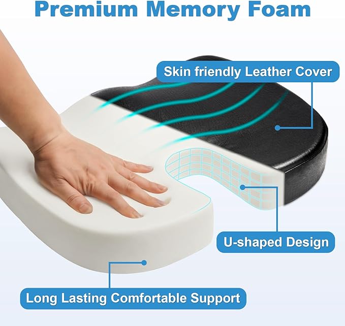 YOUFI Leather Seat Cushion for Office Chair, Ergonomic Support Memory Foam for Long Sitting, Sciatica & Tailbone Pain Relief Pillow for Desk Chair, Car Seats & Gaming Chairs