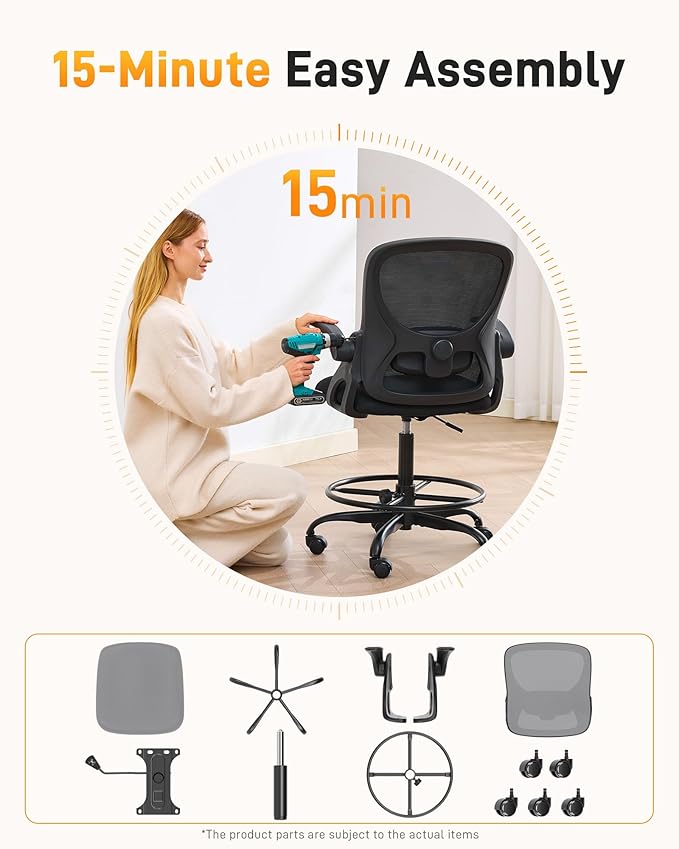 LukkDys Drafting Chair with 4D Multi-Adjustable Backrest, Tall Office Chair 19.7"-27.6" Seat Height, Ergonomic Standing Desk Chair with Flip-up Arms, Foot Ring, Grey&Black