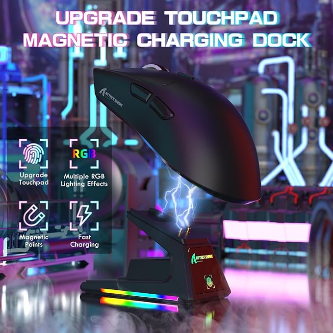 ATTACK SHARK X1 Ultralight Wireless Gaming Mouse with Magnetic RGB Charging Dock,PixArt PAW3395 Pro Sensor,40000DPI,BT/2.4Ghz/Wired,1K Polling,Optical Micro Switch,Web Driver for PC Mac Gamer(Black)