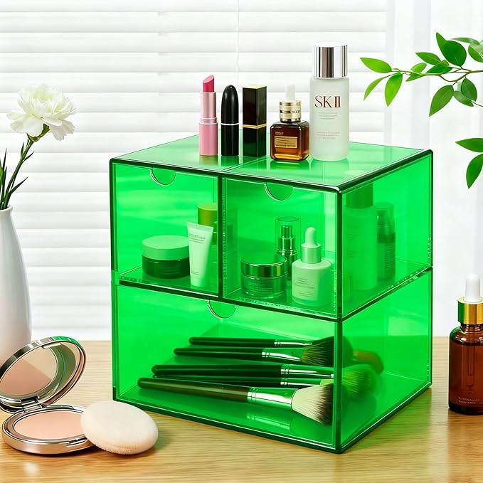 Gelite Desk Organizer with 3 Storage Drawers for Makeup Office Acrylic Desktop Drawer Organizer for Vanity Office Organization and Storage Box, Emerald Green