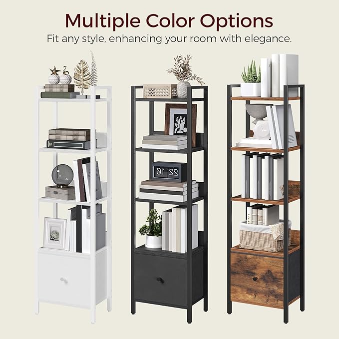MAHANCRIS Bookshelf, 5-Tier Bookcase with Drawer, Small Book Shelf for Small Space, Storage Shelf Organizer, for Living Room, Bedroom, Study, Kitchen, Black BKHB55101