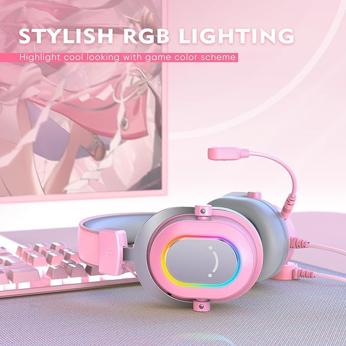 FIFINE PC Gaming Headset, USB Wired Headset with Microphone, 7.1 Surround Sound, in-Line Control, Computer RGB Over-Ear Headphones for PS4/PS5, for Streaming/Game Voice/Video-AmpliGame H6 (Pink)