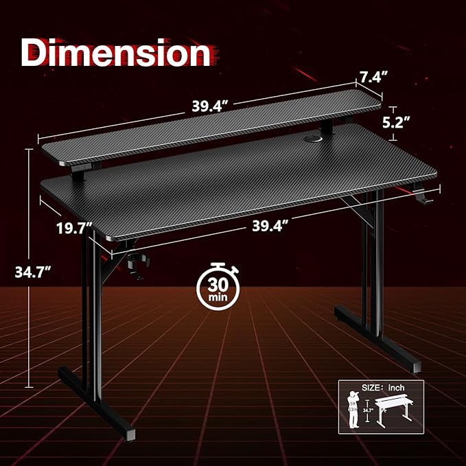 MOTPK 39 Inch Small Gaming Desk with LED Lights, Computer Desk Gaming Table with Monitor Shelf, Gamer Desk with Carbon Fiber Texture, Kids Boys Desk Gift for Men
