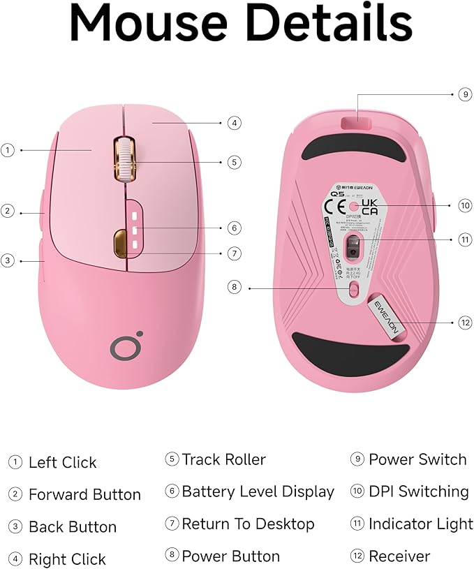 EWEADN Q5 Wireless Mouse, Bluetooth & 2.4G Quiet Computer Mouses with Battery Level Display, 1600 DPI, Ergonomic Office Mouse, 6 Button Portable Cute Computer Mouse for Laptop/PC/Mac - Rose Pink