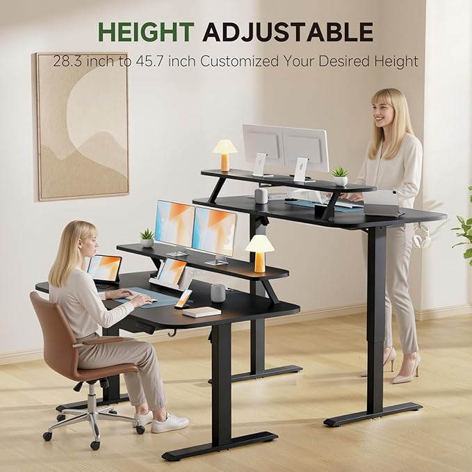 GTPLAYER Electric Standing Desk with Drawers, 48 x 24 Inches Height Adjustable Computer Desk with Monitor Stand, Laptop Stand, Sit Stand up Desk with Memory Preset for Home, Office, Black