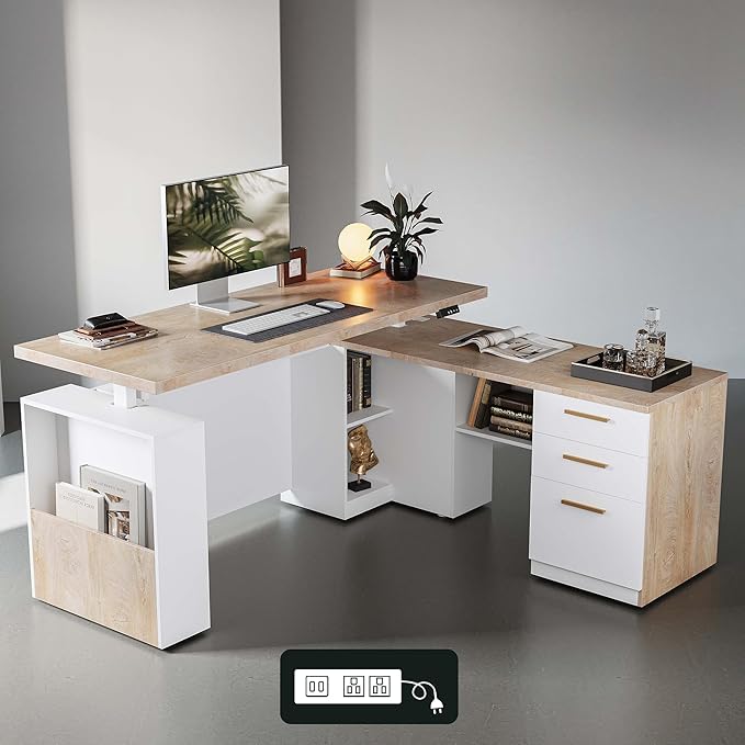 ModernMate Furniture Set, 63" Standing Desk with 73" Bookcase, L Shaped Electric Stand Up Desk with Bookshelf, Home Office Furniture Set, Light Walnut