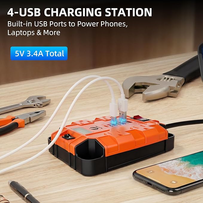Magnetic Power Strip with Surge Protector, 6FT Power Cord with 360° Rotating Flat Plug, 4 AC Outlets & 4 USB Ports, Dual Magnets & 4 Mounting Holes for Workshop, Home and Office, ETL Listed, Orange