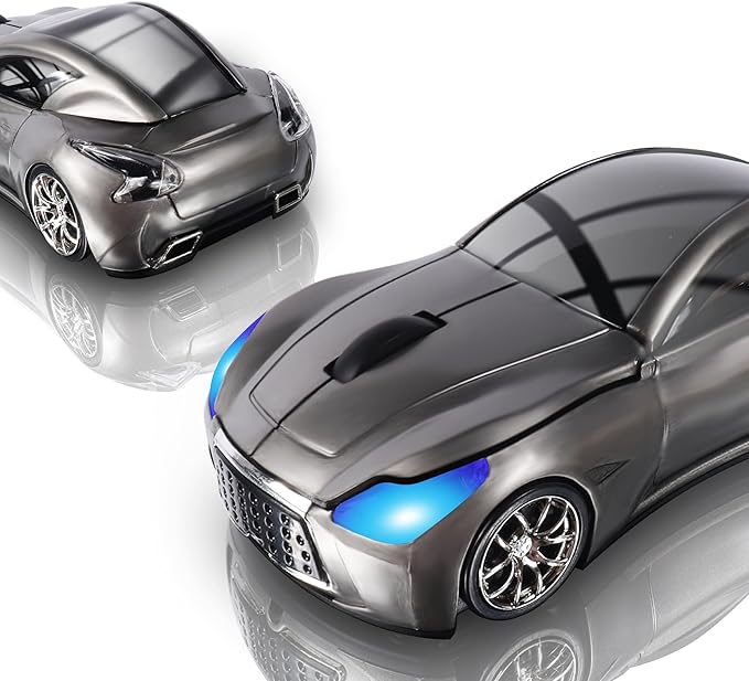 elec Space Wireless Car Mouse with LED Headlights, 2.4G Unique Car Mouse for Kids, 1600 DPI Cute Gaming Mouse for Laptop PC Computer - Grey
