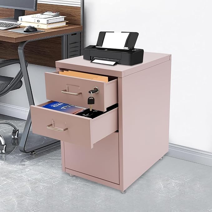 3 Drawer Metal Storage Cabinet Mobile File Cabinet with Lock Under Desk Office Storage Cabinet for Office & Home Fits Letter/Standard Sizes(Pink)