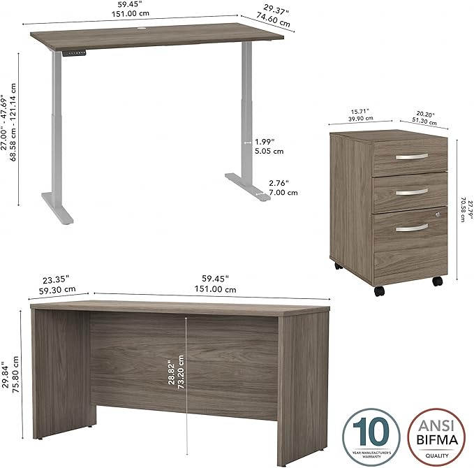 Bush Business Furniture Studio C Height Adjustable Standing Desk, Credenza and Mobile File Cabinet, 60W x 30D, Modern Hickory
