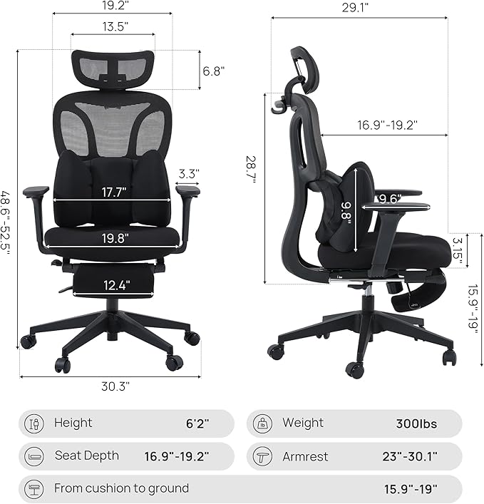 CabLady S1 Petite Ergonomic Home Desk Chair with Footrest and Headrest, High Back Fixed Lumbar Support with Detachable Pillow, Reclining Cute Office Chair for Women & Girls, 300 LBS Capacity