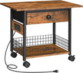 HOOBRO Printer Stand with Charging Station, 2-Tier Printer Cart, Under Desk Printer Table with Power Outlet, Wheeled Printer Table with Fabric Drawer, for Home Office, Rustic Brown and Black BF56UPS01