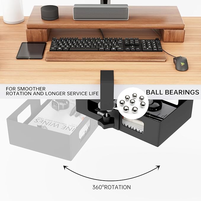 2 Pack Clamp-on Swivel Organizer, Under Desk Hidden Storage Drawer with Cable Hole, Hanging Metal Basket for Extender Space