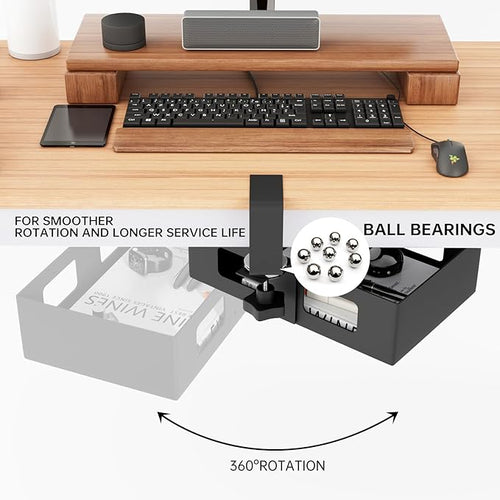 2 Pack Clamp-on Swivel Organizer, Under Desk Hidden Storage Drawer with Cable Hole, Hanging Metal Basket for Extender Space