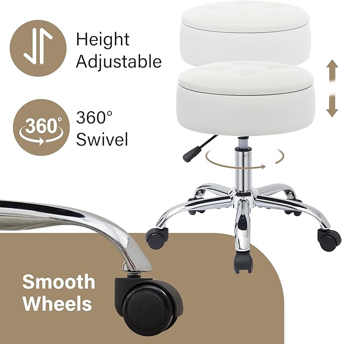 Gitrah Vanity Chair with Wheels Adjustable Vanity Stool with Storage Swivel Vanity Stool for Vanity Rolling Makeup Chair White