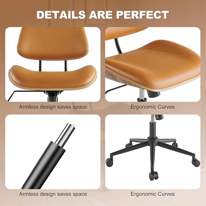 Armless Office Chair with Wheels, PU Leather Adjustable Height Desk Chair, 360° Swivel Ergonomic Computer Chair for Small Space, Modern Walnut Style, Home Office & Meeting Room, Brown