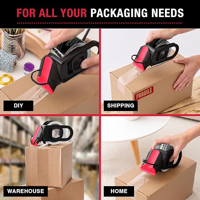 Clear Packing Tape with Dispenser (1 Roll) - Professional Grade for Boxes - Packaging, Shipping with Refillable Dispenser, Fits Standard Bulk Tapes Up to 2" Wide