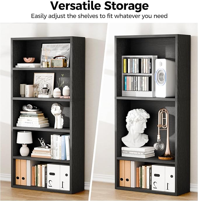 5-Tier Bookcase, Freestanding Wood Bookshelf, Open Storage Shelf, 53" Bookcase for Living Room, Bedroom, Home Office, Black