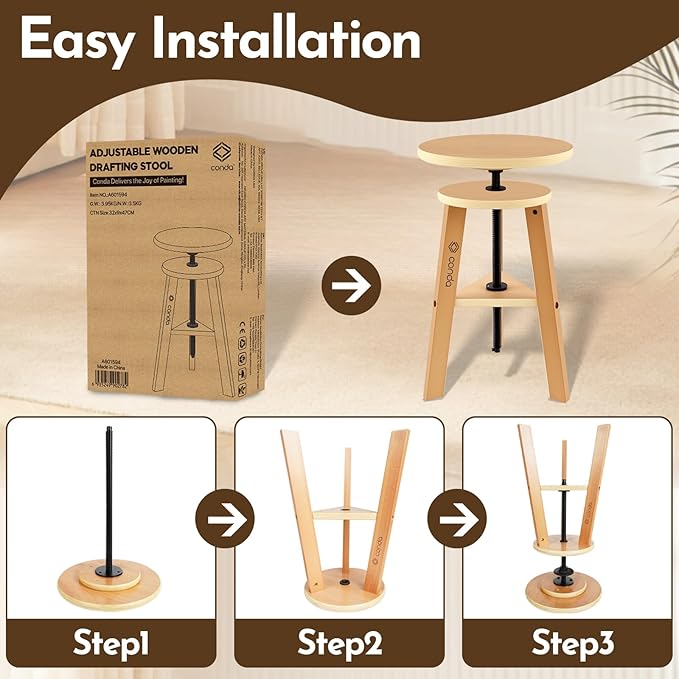 conda Adjustable Height Wooden Drafting Stool 19" to 26", Beech Wood Artist Stool for Drafting, Painting, Office, Studio, Kitchen, Bar, and Home Use