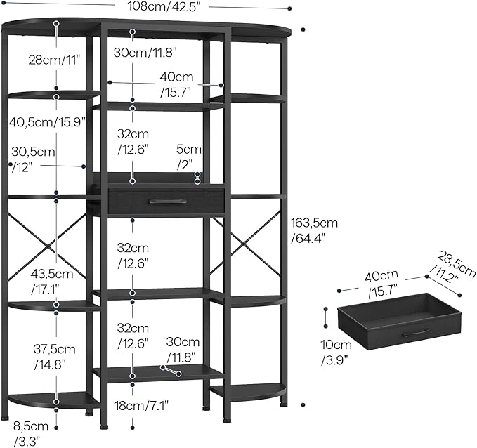 HOOBRO Triple Column 5 Tier Book Shelf, Industrial Bookcase with 12 Open Shelves and Fabric Drawer, Storage Rack, Display Shelf, Tall Bookshelf for Home Office, Living Room, Black BB161SJ01