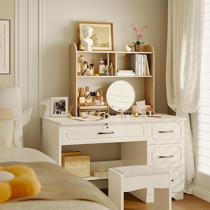 Wooden Desktop Bookshelf,37”3-Tier Rounded-Edge Desk Storage Organizer,Space-Saving Countertop Shelf for Office Dorm Home，Burlywood