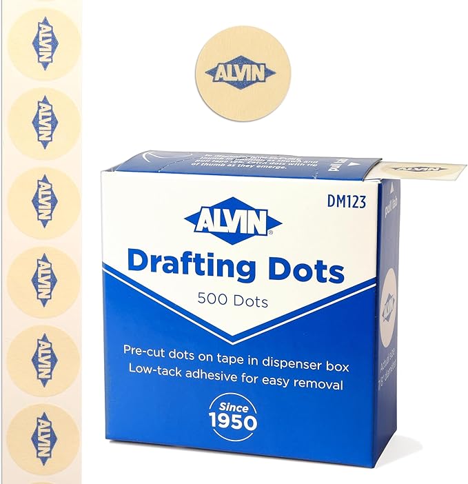 Alvin Drafting Dots – 500 Pre-Cut 7/8” Dots, Low-Tack Adhesive, Clean Removal, Easy Dispenser Box – Ideal for Drafting, Tracing, and Art Projects